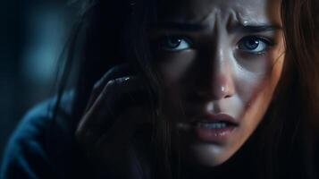 AI generated Young woman with fearful expression making a phone call in the dark. Cinematic shot depicting tension and drama. Design for thriller movie, emotional scene. photo