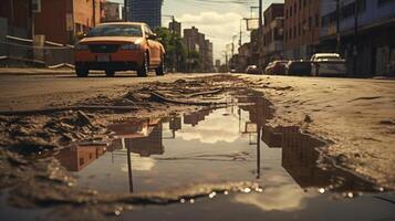 AI generated Puddle reflecting urban decay and a parked car on a sunlit street, depicting city neglect. photo