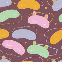 Seamless pattern with cozy sleeping masks with eyes and animal ears. Vector print with sleep masks