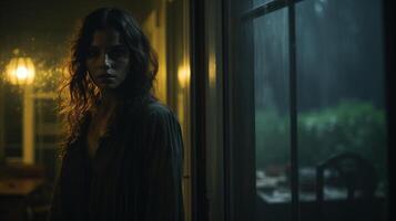 AI generated Moody scene with whispers symbolizing intrusive thoughts. Portrait of a woman by a window with a contemplative look, rainy background. photo