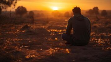 AI generated Visual metaphor for regret. Person seated alone in a desert landscape at dusk, reflecting in the golden light of the setting sun. photo