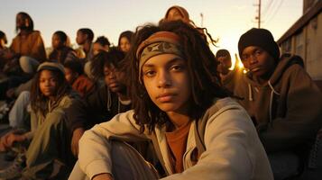 AI generated Sunset illuminating a group of young people, showcasing diversity and unity in an urban landscape. photo