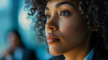 AI generated Close-up portrait of a thoughtful woman with curly hair. Human emotions and personal contemplation concept for mental health, psychology, and inner peace. photo