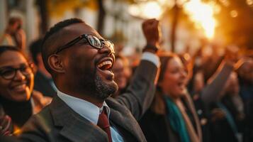 AI generated Man celebrating at a political rally with diverse crowd and sunset in the background. photo