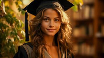 ai generado sonriente hembra graduado en gorra y vestido al aire libre con otoño follaje. retrato de éxito y logro concepto. foto