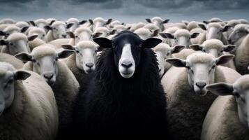 AI generated One black sheep surrounded by white sheep. Concept of uniqueness and individuality. High contrast portrait with symbolic meaning. Design for social message, poster. photo