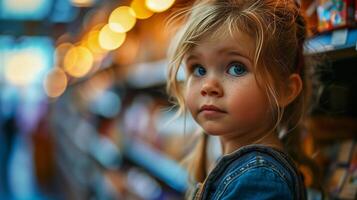 AI generated Portrait of a young child with a look of wonder in a toy store. Childhood curiosity and enchantment concept for design and print. photo