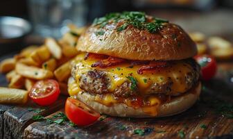 AI generated Cheeseburger with melted cheese and bacon, French fries and cherry tomatoes. Gourmet fast food and indulgence concept. Design for menu, poster. Close-up with blurred background photo