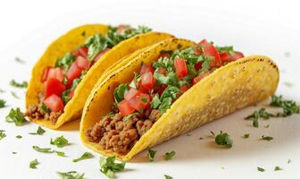 AI generated Beef tacos with diced tomatoes and chopped parsley in hard yellow corn shells on a white background. photo