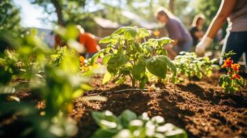 ai generado comunidad jardinería actividad con personas plantando y riego en urbano jardín en soleado día. foto
