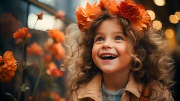 AI generated Curly-haired child smiling in field of orange flowers at sunset. Happiness and summer concept. Design for greeting card, poster, children's book cover photo