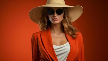 ai generado elegante mujer en rojo chaqueta de sport y blanco suéter tipo con cuello de tortuga con de ala ancha sombrero y Gafas de sol en un rojo antecedentes. estudio Moda disparo. diseño para Moda Blog, marca promoción. foto