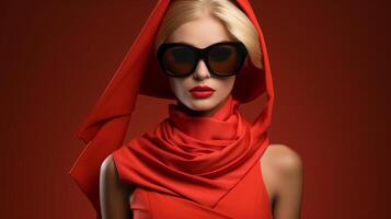 ai generado elegante mujer en rojo atuendo con pareo cabeza cubierta y Gafas de sol en un rojo antecedentes. estudio Moda y diseño concepto. diseño para Moda publicidad, editorial. foto