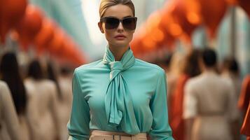 AI generated Fashion model in turquoise blouse and sunglasses at an event with blurred crowd in the background. High-fashion and elegance concept. Design for fashion magazine, brand showcase. photo