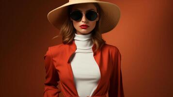 ai generado elegante mujer en rojo chaqueta de sport y blanco suéter tipo con cuello de tortuga con de ala ancha sombrero y Gafas de sol en un rojo antecedentes. estudio Moda disparo. diseño para Moda Blog, marca promoción. foto