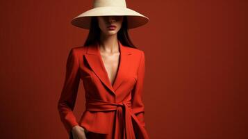 ai generado elegante mujer en rojo traje y de ala ancha sombrero foto