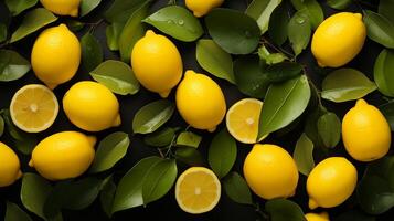 ai generado de cerca de vibrante amarillo limones con Fresco verde hojas en negro antecedentes. agrios Fruta y sano comiendo concepto. diseño para tienda de comestibles Tienda promociones, del nutricionista Blog, o receta foto