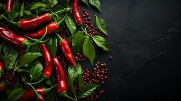 AI generated Top view of red chili peppers, peppercorns, and green basil leaves on a dark textured background. Ingredients for cooking and seasoning concept. Design for spice market advertising photo