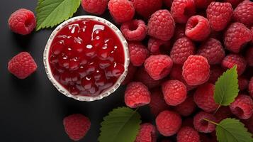 AI generated Fresh Raspberries in Glossy Red Jam on Dark Surface photo