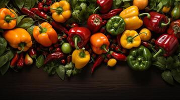 AI generated Overhead view of mixed colorful bell peppers and chili peppers with fresh basil and bay leaves on a dark background. Fresh ingredients and cooking concept. Design for recipe background photo