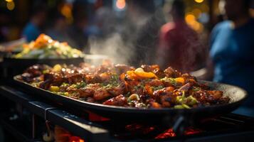 ai generado calle comida festival. A la parrilla pollo servido en un pan a un calle comida mercado con humeante vegetales y salsas noche mercado y al aire libre comida concepto. foto