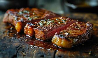 AI generated Grilled steaks seasoned with herbs and spices on a wooden board. Gourmet meat concept. Design for steakhouse menu, culinary guide. photo