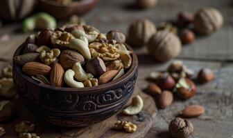 AI generated Variety of mixed nuts in a carved wooden bowl on rustic table. Healthy snacks and food ingredients concept. photo