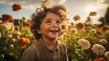 ai generado niño sonriente en campo de blanco y naranja flores aventuras y exploración concepto. diseño para para niños libro cubrir, póster foto