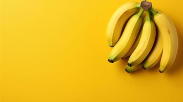 AI generated Bunch of ripe bananas on a vivid yellow background with copy space. photo
