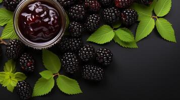 AI generated Blackberry jam in a glass jar surrounded by fresh berries and leaves on a dark background. Homemade preserves and healthy eating concept. Design for label, recipe, and article. photo