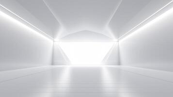 AI generated Futuristic white room interior with triangular light patterns. photo