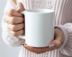 AI generated Woman's hands holding a blank white mug for mockup. photo