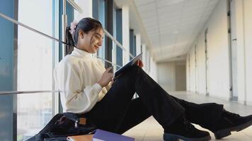 indiano menina aluna sentado em a chão com uma livros dentro a universidade. Novo moderno totalmente funcional Educação instalação. Educação conceito video