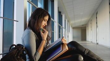 Indian girl student sitting on the floor with a books in the university. New modern fully functional education facility. Education abroad video