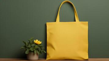 AI generated Yellow tote bag with flower pot on green background. Springtime concept mockup for design and print. Vibrant color with copy space photo