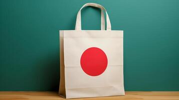 AI generated White tote bag with red circle on turquoise background. Studio shot mockup for design and print. Studio mockup with copy space photo