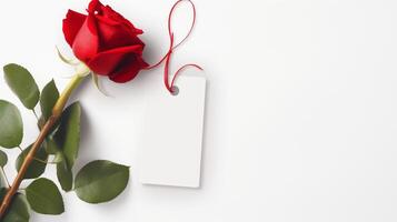 AI generated Valentine's Day concept with red roses and blank white gift tag. Romantic background with copy space for greeting or invitation. photo