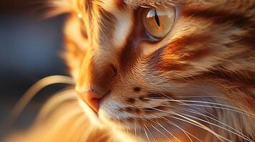 AI generated Cat close-up. Red Maine Coon cat with striking eyes in soft natural lighting. photo