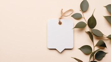 AI generated Minimalistic gift tag mockup with eucalyptus leaves on a beige background. Elegant branding concept with space for text. photo