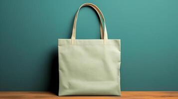 AI generated Cream tote bag on teal background. Simple mockup for design and branding. Studio shot with space for text photo