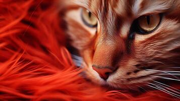 AI generated Ginger cat with golden eyes nestled in a cozy red fur fabric. Close-up. photo