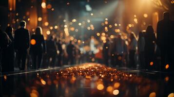 ai generado dorado bokeh luces y siluetas de personas a evento lugar de eventos con reflexivo piso. elegante gala noche concepto. foto