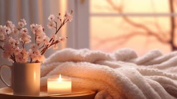 AI generated Cozy evening setting with a cup, candle, and cherry blossoms, warm light. photo