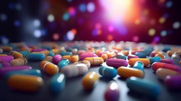 AI generated Medicine background. Blurred out close up of medication pills drop background with bokeh spotlight. photo