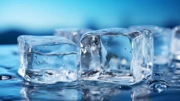 AI generated Ice cubes melting on blue surface. Freshness and cold concept. photo