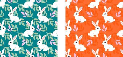 Two different colored rabbit patterns. One is blue and the other is orange. The blue one has a more natural look with leaves and the orange one has a more cartoonish look vector