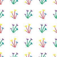 A colorful drawing of flowers with a white background. The flowers are drawn in different colors and sizes, and they are arranged in a pattern. Scene is cheerful and playful vector