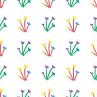 A colorful drawing of flowers with a white background. The flowers are drawn in different colors and sizes, and they are arranged in a pattern. Scene is cheerful and playful vector