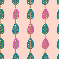 A colorful pattern of trees with pink and green leaves. The trees are arranged in a row and are of different sizes. Scene is cheerful and lively vector