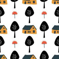 A pattern of houses and trees is shown in a black and white color scheme. The image has a whimsical and playful feel to it, with the houses vector